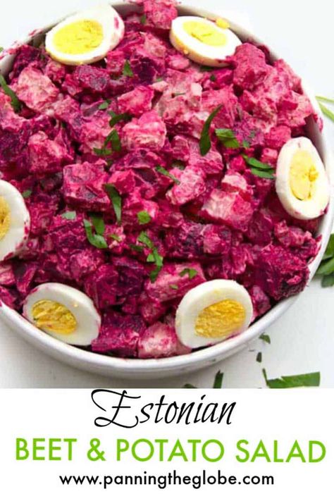 Rosolje is a delicious, hot pink beet and potato salad from Estonia, vibrant in color and flavor. The perfect side dish for you next party, picnic or bbq. #Rosolje #BeetPotatoSalad #PotatoSaladRecipe Estonian Food, Beetroot Recipes, Beet Salad Recipes, Idaho Potatoes, Beetroot Salad, Potato Salad Recipe, Egg Salad Recipe, Pink Foods, Summer Salad Recipes