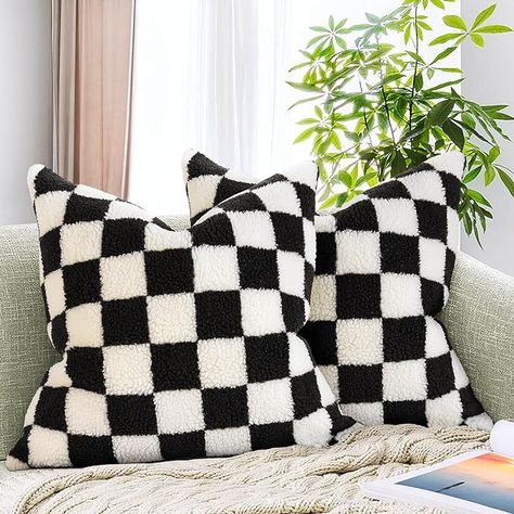 AmHoo Pack of 2 Decorative Throw Pillow Covers Checkerboard Luxury Super Soft Faux Fur Wool Set Case Cushion for Couch Sofa Bedroom 18 x 18-Inch Black Goth Couch Pillows, Halloween Couch Cover, Checkered Bedroom Aesthetic, Decorative Pillows Aesthetic, Black Pillows Bedroom, Groovy Pillows, Apartment Decor Black And White, Pillows Decorative On Couch, Throw Pillows Colorful