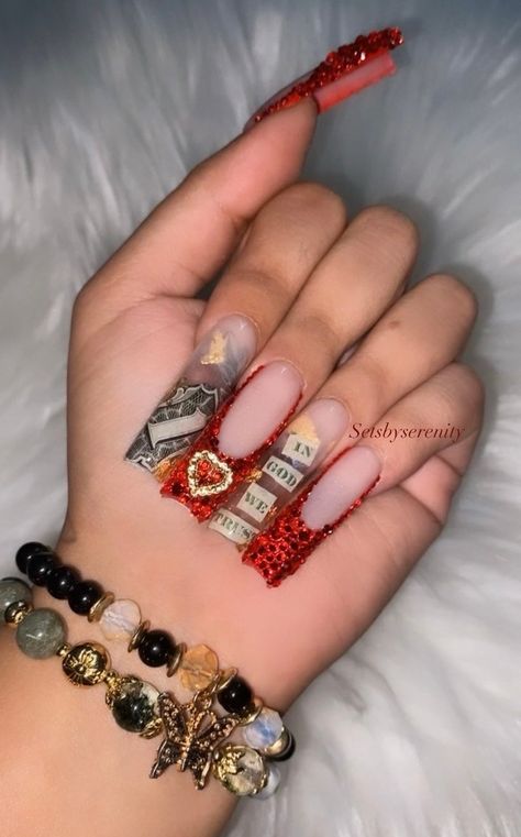 Cheetah Nails With Rhinestones, Bling Acrylic Nails Rhinestones Gold, Red Hello Kitty Christmas Nails, Nails Acrylic Baddie Long, All Red Nails Acrylic, Red Nails With Cross Charm, All Bling Nails, Red Nails Gold Jewelry, Bright Red Square Nails