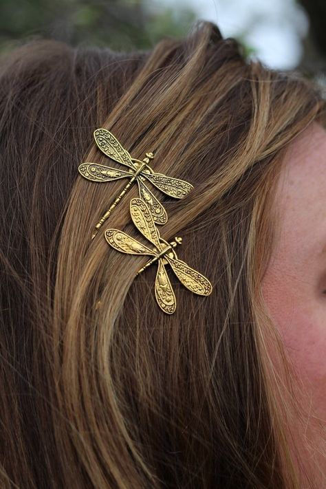 Dragonflies, Golden Dragonfly Bobby Pin Set of Two, Insect Bobby Pins, Gold Dragonfly, Gold Dragonfly Bobby Pins, Dragonfly Hair Accessory Rustic Hair Clips, Insect Jewelry Gold, Vintage Accessories Jewelry, Bijoux Art Nouveau, Hair Up Or Down, Dope Jewelry, Bobby Pin, Funky Jewelry, Jewelry Lookbook