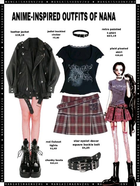 90s Harajuku Fashion, Skirt With Fishnets, Nana Clothes, Ae Outfits, Red Skirt Outfits, Goth Outfit Ideas, Red Plaid Skirt, Anime Inspired Outfits, Weekly Outfits