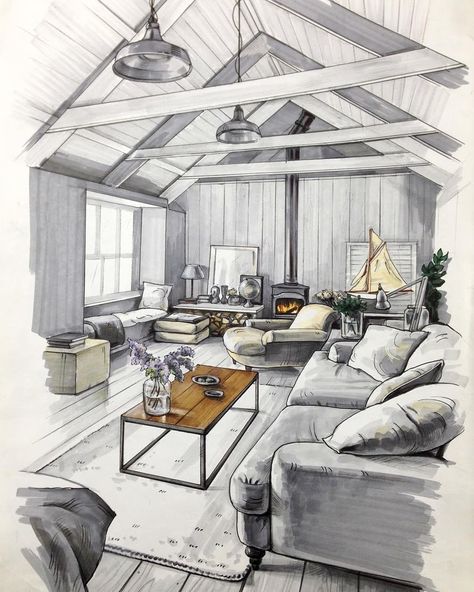 Living Room in a Cottage. Interior Design Sketches a Source of Inspiration. By Matveeva Anna. Room Sketch, Rendering Interior, Drawing Interior, Interior Design Renderings, Interior Architecture Drawing, Interior Design Drawings, Interior Design Sketch, Interior Design Sketches, Architecture Design Sketch