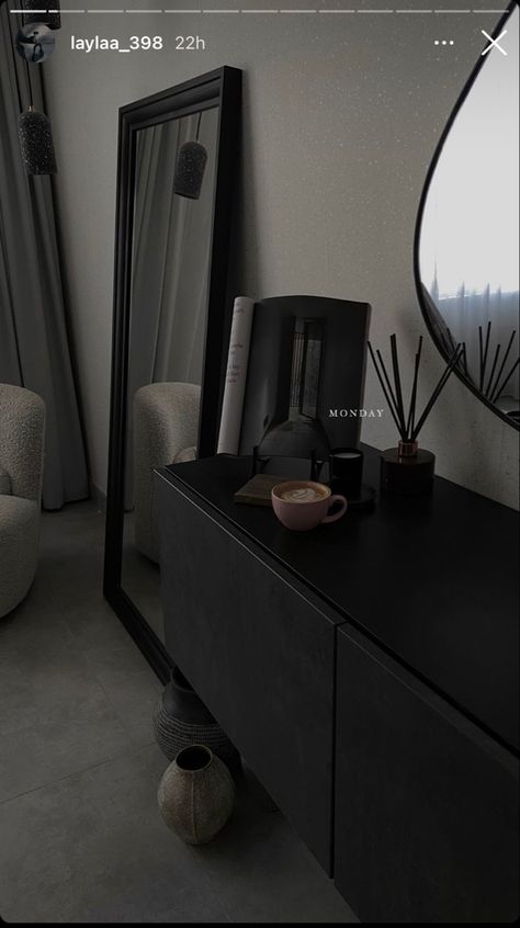 All Black Room Ideas Bedrooms, Black Bed Sheets Room Ideas Aesthetic, Apartment Black Interior, Black And Chrome Bedroom, Minimalistic Black Bedroom, Sleek Black Bedroom, Minimalist Black Decor, Black Minimal Bedroom, Black And Grey Room Aesthetic