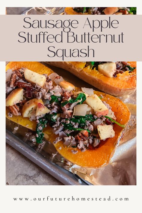 This is a great recipe for a quick weeknight dinner or guests. Roast the butternut squash and stuff with sausage, onions, apples, spinach, and nuts. Butternut Squash Sausage, Stuffed Butternut Squash, Stuffed Butternut, Butternut Squash Apple, Sage Sausage, Apple Sausage, Pumpkin Squash, Quick Healthy Dinner, Savory Herb