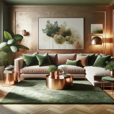 forest green and rose gold living room Rose Gold Living Room, Green And Gold Living Room, Room Esthetics, Rose Gold Throw Pillows, Dark Home Aesthetic, Living Room Design Green, Green Upholstered Chair, Rose Gold Curtains, Classic Modern Interior