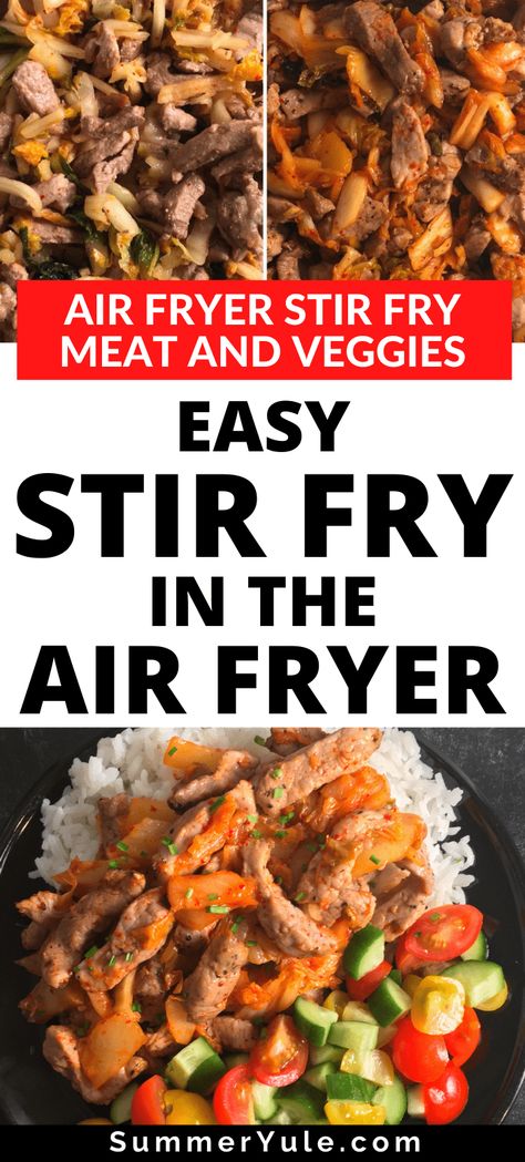 Learn how to make air fryer stir fry! This stir fry in air fryer recipe is the easiest way to make stir fry ever! This 3-ingredient stir fry cooks in 20 minutes or less, with no wok or stirring required. Get the secret for air fryer stir fry vegetables that come out perfectly tender crisp every time. You can make this recipe with chicken, beef, shrimp, pork, or tofu! #airfryer #glutenfree #lowcalorie #lowcarb #keto #weightloss #under30minutes #dinner Stir Fry In Air Fryer, Air Fryer Stir Fry, Air Fryer Recipes Beef, Asian Stir Fry Recipe, Air Fryer Recipes Pork, Stir Fry Meat, Stir Fry Vegetables, Pork Stir Fry Recipes, Vegetable Stir Fry Recipe