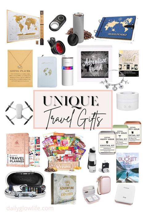 "Unique Gift Ideas for the Travel Enthusiast in Your Life" Travel Theme Basket, Present For Traveler Gifts For Travelers, Adventure Basket Gift Ideas, Travel Theme Gift Basket, Coffee Travel Kit, Travel Gift For Boyfriend, Travel Gift Box Ideas, Vacation Basket Gift, Travel Merchandise Ideas