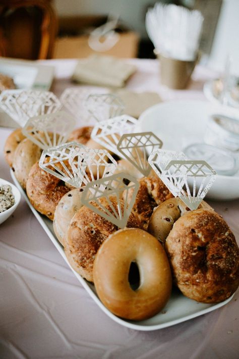 Diamond Ring Bagels Bridal Breakfast Brunch, Intimate Bridal Brunch, Ring Themed Food, Brunch Foods For Bridal Party, Ring Donuts Bridal Showers, Unisex Bridal Shower Ideas, Bagel Bar Bridal Shower Brunch Party, Doughnut Bridal Shower Ideas, Wedding Shower Dinner Ideas