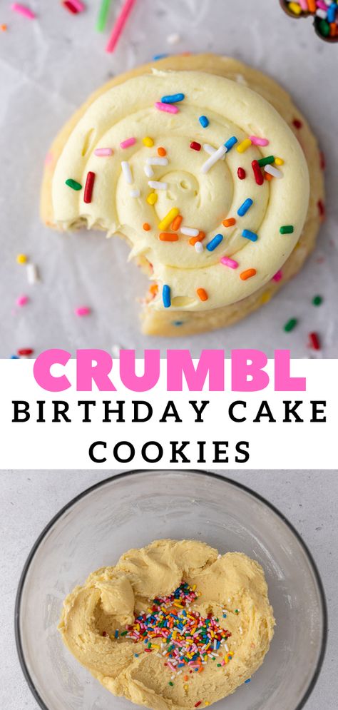 Birthday Cake Crumbl Cookie Copycat, Crumbl Cake Batter, Crumbl Funfetti Cookies, Crumbl Cookie Copycat Cake Batter, Crumbl Cookie Birthday Cake, Birthday Cake Crumble Cookies, Crumble Birthday Cake Cookie, Crumbl Cream Cheese Frosting, Crumbles Cookies