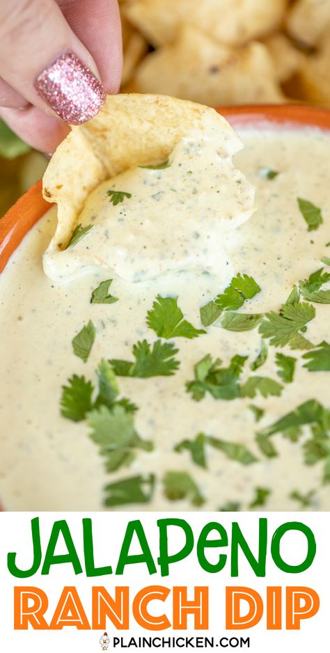 Jalapeno Ranch Dip - so simple and tastes better than Chuy's! Made this for a party and it was the first thing to go! Pickled jalapenos, cilantro, sour cream, mayonnaise, buttermilk, tomatillo green salsa, cumin and Ranch dressing mix. Packs a kick! Great with chips, veggie slices, or with your favorite Mexican dish. Swap this for your usual ranch dressing when you want to kick things up a notch. #mexican #dip #chuys #jalapenoranch #ranchdressing Chuys Green Sauce, Things To Make With Jalapenos, Chuys Jalapeno Ranch Dip, Chuys Jalapeno Dip, Jalapeño Cilantro Dip, Chuy's Jalapeno Ranch Dip, Jalapeno Ranch Dip, Jalapeño Ranch Dip, Vegan Bechamel