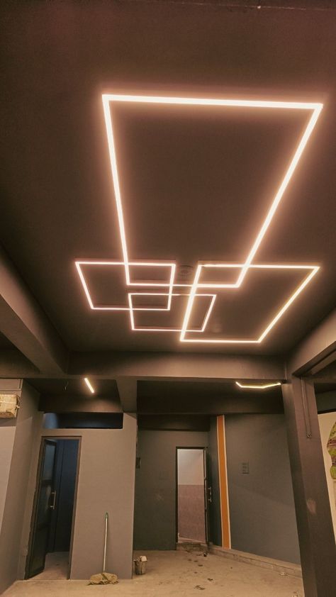 False Ceiling Design For Living Room, False Ceiling With Profile Lights, Pop Profile Light Design, Fall Celling Design, Interior Design Kitchen Contemporary, Simple False Ceiling Design, Profile Light, Simple Ceiling Design, Flush Door Design