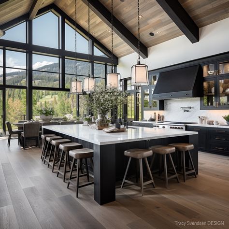 modern-farmhouse-with-black-kitchen-cabinet-2 Dapur Rustic, White Modern Farmhouse, Model Dapur, Kabinet Dapur, Black Kitchen Cabinets, Kitchen Farmhouse, Kitchen Inspiration Design, Open Concept Kitchen, Modern Farmhouse Kitchens