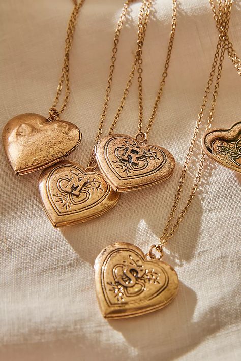 Monogram Necklace | Free People Initial Locket Necklace, J Necklace Initial Aesthetic, Initial Necklace Aesthetic, S Necklace Initial, Locket Aesthetic, Unique Locket Necklace, Child Aesthetic, Heart Gold Necklace, Unique Locket