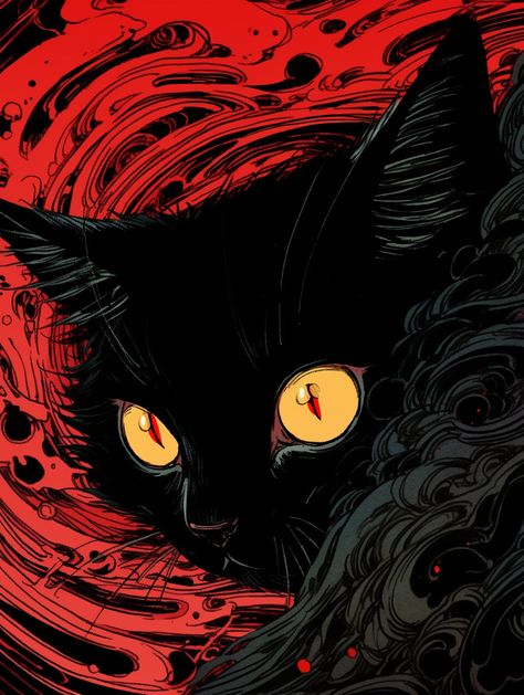 Black Cat With Yellow Eyes, Red And Black Wallpaper, A Black Cat, Cat Icon, Dark Art Illustrations, Dessin Adorable, Yellow Eyes, Cool Art Drawings, Cat Illustration