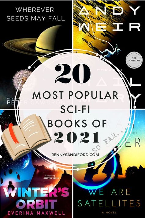 white circle in center with text- 20 most popular sci-fi books of 2021. background is four book covers in dark shades Best Sci Fi Books, Book Recommendations Fiction, Sci Fi Book, Top 100 Books, Book Bucket, Read List, Sci Fi Novels, 100 Books To Read, Science Fiction Novels