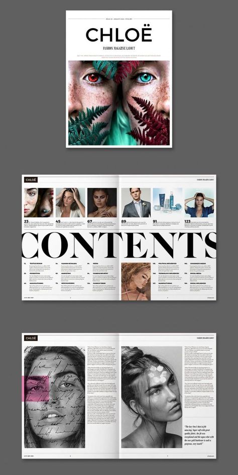 Fashion Magazine Template InDesign INDD Indesign Cover Page, Editors Page Magazine Layout, Indesign Design Ideas, Book Magazine Cover, Magazine Index Page Design, Fashion Magazine Design Cover, Magazine Layout Ideas Graphic Designers, Graphic Designer Inspiration, Fashion Editorial Magazine Layout