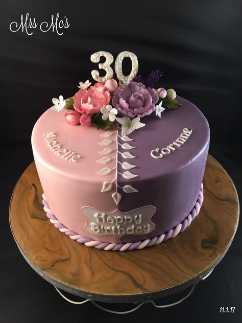 Cake For Twins Adults, 40th Birthday Cake For Twins, Double Theme Cake, Half Half Cake Design, Twin Birthday Cake Ideas, Cake For Twins Girls Birthday, Double Cake Designs Birthday, Twins Bday Cake, Half And Half Cake Birthday