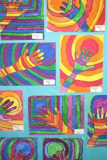 Third grade used warm and cool colors and pattern to create these tempera paintings.  The students viewed artwork by native people and ho... Third Grade Art Project, Color Art Lessons, Third Grade Art, Shape Ideas, Color Lessons, Kraf Kertas, 2nd Grade Art, 4th Grade Art, 5th Grade Art