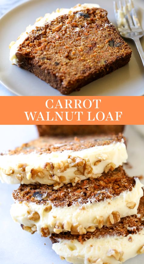 Carrot Cake in LOAF FORM! This Carrot Walnut Bread with Cream Cheese frosting is moist, tender, and easy to make. The best spring or Easter recipe for a crowd! #carrotcake #carrotbread #loaf #creamcheesefrosting Carrot Cake Loaf Recipe, Carrot Cake Bread, Carrot And Walnut Cake, Recipe For A Crowd, Bread With Cream Cheese, Walnut Loaf, Carrot Cake Loaf, Carrot Bread, Pane Dolce