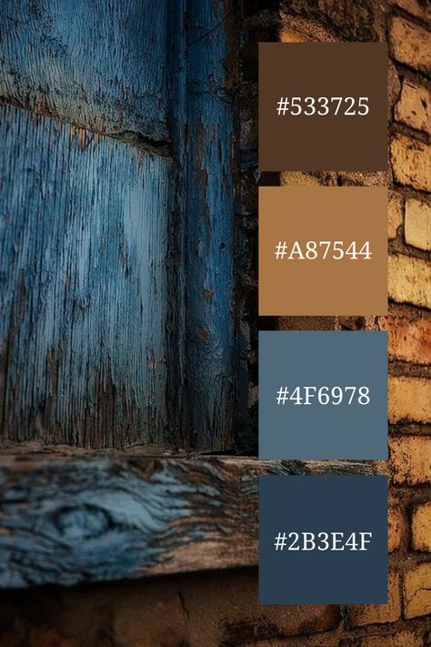 A blue and brown color palette, featuring weathered blue wood contrasting with warm, textured brown bricks. Navy Blue Brown Color Palette, Brown And Blue Palette, Prussian Blue Color Palette, Warm Blue Color Palette, Blue Pallet Color, Color Scheme Generator, Brown Brick, Blue Palette, Brown Color Palette