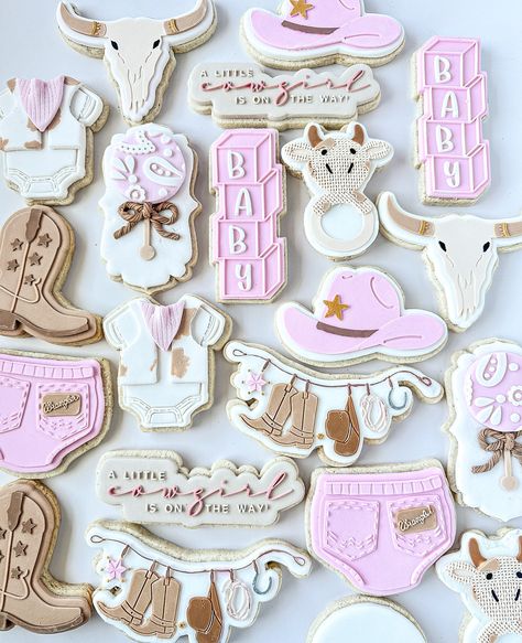 Shipped off these absolutely adorable GLUTEN FREE Cowgirl themed baby shower cookies over the weekend 🤠🐄 Availability for custom orders are nearly closed for the year, so get in quick and fill out the online order form using our link in bio 🐮 #babyshower #babygirl #babygirlcookies #babygirl🎀 #babyshowercookieset #babyshowerideas #babyshowercake #babyshowerdecor #cowgirl #cowboy #farm #cowgirlstyle #cowgirls #cookie #cookies #cookiedecorating #cookieart #cookiecuttersets #sugarcookies #suga... Girl Baby Shower Ideas Western Theme, Boots And Bows Baby Shower Ideas, A Little Cowgirl Is On Her Way Baby Shower Ideas, Country Baby Shower Ideas Girl, Pink Cowgirl Cookies, Country Girl Baby Shower Ideas, Little Cowgirl Baby Shower Ideas, Cowgirl Baby Shower Cookies, Cowgirl Theme Baby Shower Ideas