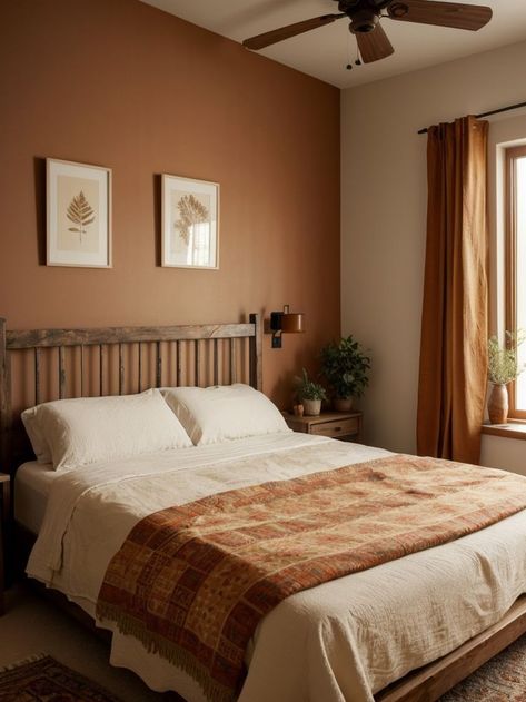 Add warmth and earthiness to your bedroom with a terracotta accent wall. Pair it with natural wood furniture and bohemian-inspired textiles for a cozy and inviting space. Terracotta Accent Wall, Bedroom Accent Wall Ideas, Terracotta Bedroom, Bedroom Accent Wall, Accent Wall Ideas, Western Bedroom, Earthy Bedroom, Natural Wood Furniture, Bedroom Accent