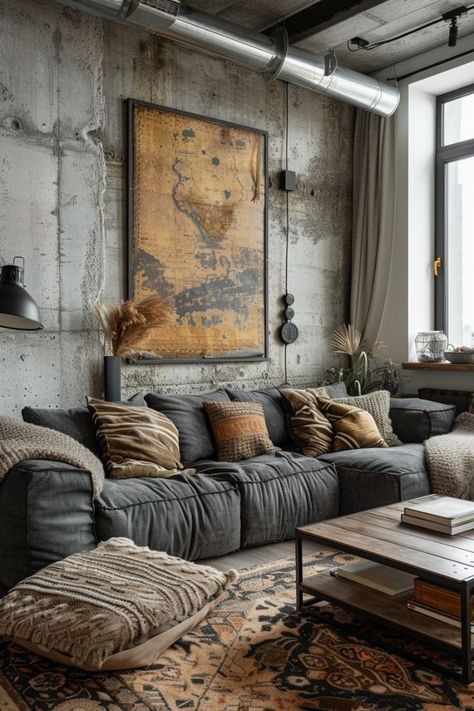 Industrial Interiors Living Room, Industrial Eclectic Interior Design, Cozy Industrial Interior Design, Industrial Style Living Room Ideas, Industrial Aesthetic Interior Design, Industrial Apartment Aesthetic, Contemporary Industrial Living Room, Small Industrial Apartment, Urban Chic Living Room