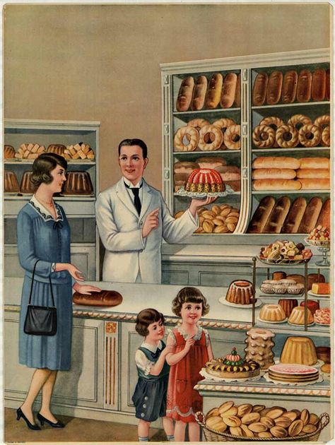 Anonymous Artists - BREAD STORE / PASTRY STORE Bread Store, How To Store Bread, Vintage Housewife, Vintage Family, Vintage Cooking, Vintage Illustrations, Pastry Shop, Vintage Life, Vintage Recipes