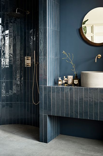 Series - Douglas & Jones Dark Blue Bathrooms, Bad Inspiration, Bathroom Design Inspiration, Downstairs Bathroom, Bathroom Inspiration Decor, Bad Design, Tile Flooring, Blue Bathroom, Bathroom Renos