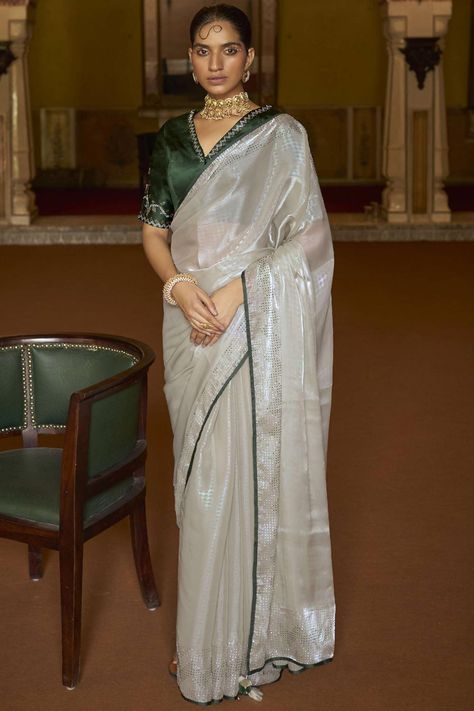 Buy Sage Green Tissue Silk Embroidered Saree Online | Like A Diva Contemporary Saree, Off White Saree, Indian Wardrobe, Saree Fancy, Indo Western Gown, Indian Wedding Sarees, Fashionable Saree, Party Wear Gown, Fashionable Saree Blouse Designs