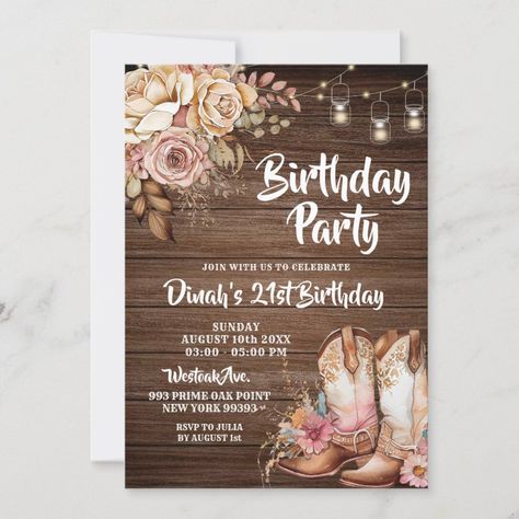 Rustic Country Boots Cowgirl Floral Birthday Invitation  Zazzle Country Birthday Invitations, Music Birthday Invitation, Sweet Sixteen Party Themes, Cowgirl Birthday Party Invitations, Wild West Cowgirl, Country Birthday Party, Cowgirl Birthday Invitations, Cowgirl Invitations, Western Invitations