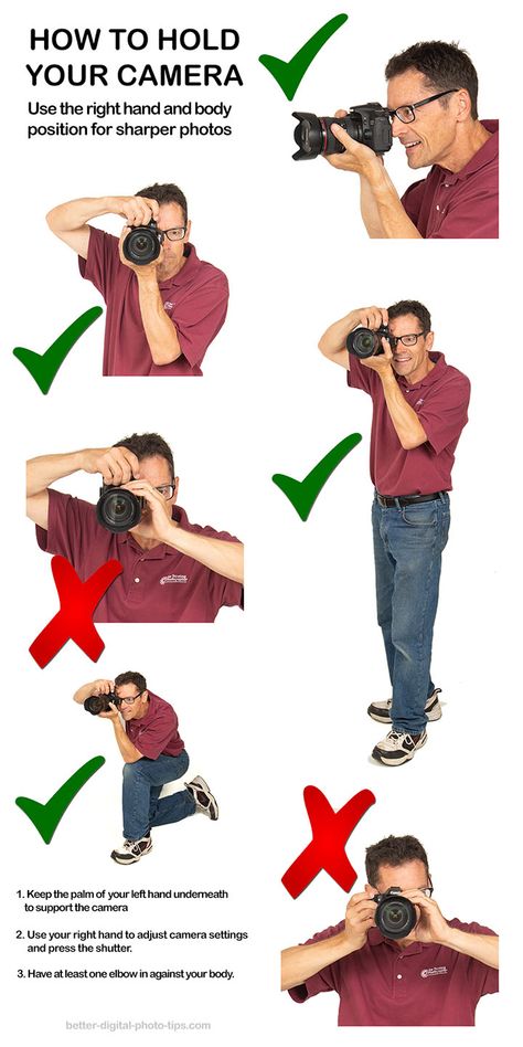 Infographic on holding a camera properly. Beginner Photography Camera, Manual Photography, Digital Photography Lessons, Digital Photography Backdrops, Photography Settings, Dslr Photography Tips, Sharp Photo, Foto Portrait, Fotografi Digital