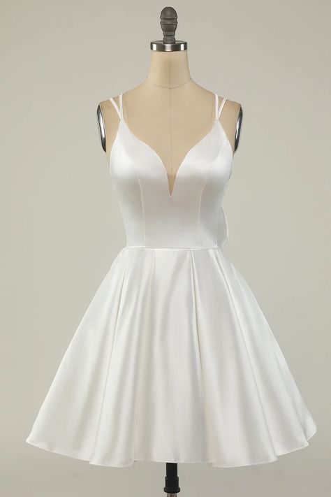 Double Straps White Satin Short Homecoming Party White Dress Quinceanera Damas, Simple Dama Dresses, Satin Dama Dresses, Dama White Dresses, White Dress Damas, White Cocktail Dress Classy Short, Dama Dresses For Quince White, Damas White Dresses, White Quince Court Dresses