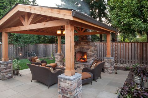 Simple Outdoor Fireplace Design - Paradise Restored Landscaping Gazebo Ideas, Outdoor Fireplace Designs, Restaurant Patio, Outdoor Pavilion, Backyard Fireplace, Outdoor Remodel, Backyard Gazebo, Pergola Design, Backyard Pavilion