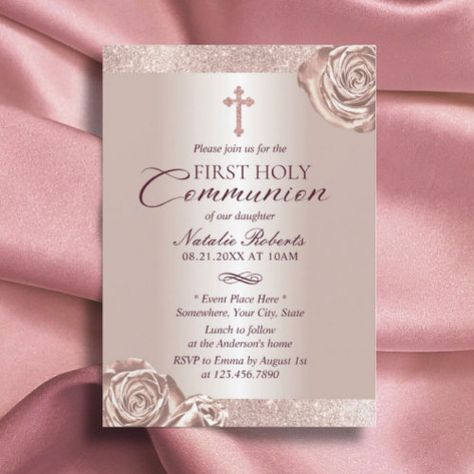 $2.85 | First Holy Communion Modern Rose Gold Floral #first holy communion, communion, first communion, religious, girl, elegant, holy cross, floral, rose gold glitter, modern Holy Communion Invitations, Rosé Theme, First Communion Invitations, Glitter Invitations, 1st Communion, Communion Invitations, Cards Invitation, Holy Cross, Engagement Party Invitations