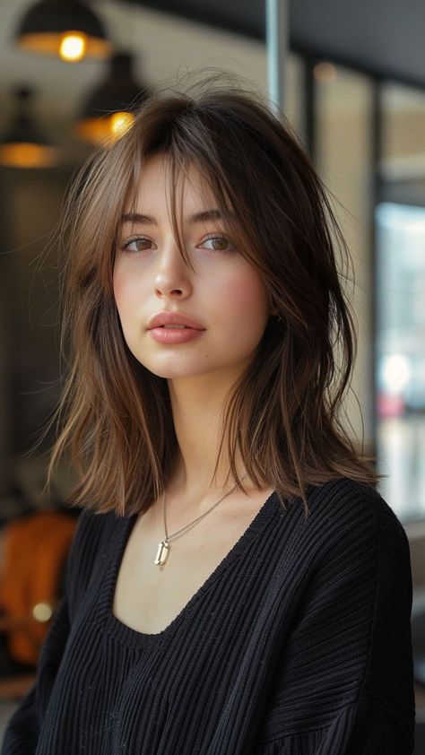 Haircut Inspiration Layers, Short Hair Layer Curtain Bangs, Medium Hair Styles Color, Short Hair Layers Unstyled, Layers On Short Hair Straight, One Length Long Bob, Short Haircut Long Layers, Straight Hair Layered Bob, Shoulder Length Layered Straight Hair