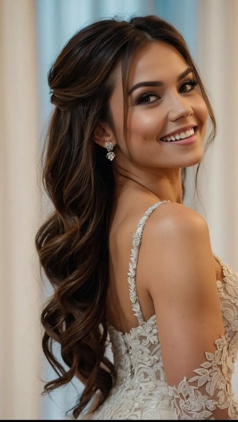 Lock It In: 15 Creative Bridesmaid Hairstyle Ideas for Every Hair Length** ** 37 Front View Half Up Half Down, Bridesmaid Hair All Down, Long Wedding Hair Down, Half Down Half Up Hairstyles Wedding, Half Updo Bridal Hair, Half Up Do Wedding Hair, Bridesmaid Hairstyles Medium Length Down, Hairstyle With Bangs For Wedding, Long Hairstyles Bridesmaid