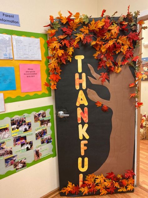 Fall Season Classroom Door Decorations, Fall Inspired Classroom Door, School Door Thanksgiving Decorations, Fall Thanksgiving Classroom Door, Decorate Classroom Door For Fall, Door Fall Decorations Classroom, Seasons Decorations Classroom, School Door Decorations For Fall, Fall Door Decorating Ideas For Classroom