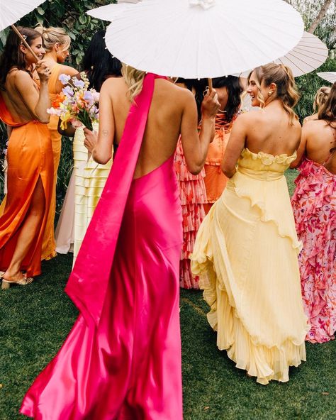 Editorial Wedding Photographer | Cleo gave her bridesmaids a color palette and told them to choose all their own dresses. This gives your bridesmaids the chance to choose… | Instagram Cool Girl Bridesmaid Dresses, Colorful Black Tie Wedding Guest, Wedding Guest Dress Garden Party, Bridesmaid Pink Dress, Colorful Wedding Dress Code, Colourful Wedding Guests, Garden Party Bridesmaids Dresses, Different Coloured Bridesmaid Dresses, Bridesmaid Colour Scheme