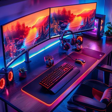 Ultimate gaming setup with dual widescreen monitors, LED lights, ergonomic chair, and gaming accessories for immersive gaming experience. Ultimate Gaming Setup, Monitor Setup, Dual Monitor Setup, Dual Monitor, Tech Lighting, Ergonomic Chair, Gaming Setup, Gaming Accessories, Led Lights