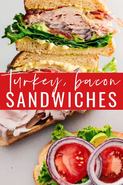 This Turkey Bacon Avocado Sandwich brings together creamy avocado, savory turkey, and crispy bacon on toasted sourdough, topped off with an amazing three-ingredient sandwich sauce. It’s the absolute best sandwich! #dinner #quick #easy #simple #leftoverturkey #familyfriendly #kidfriendly #turkeybaconavocado #turkeysandwich Ciabatta Turkey Sandwich, Sourdough Turkey Sandwich, Turkey Bacon Melt Sandwiches, Turkey Bacon Swiss Sandwiches, Turkey And Bacon Sandwich, Smoked Turkey Sandwich Recipes, Deli Turkey Recipes Dinner, Cold Turkey Sandwich, Turkey Breast Sandwich