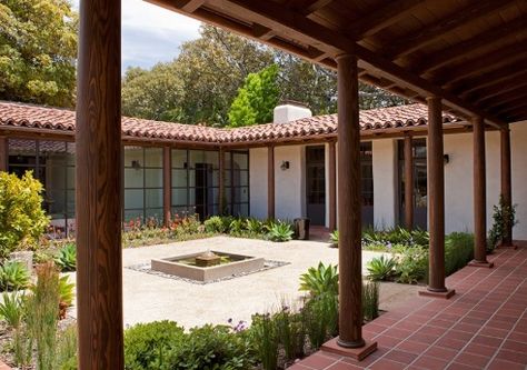 Courtyard Modern Adobe House, Modern Adobe, Boho Glam Home, Spanish Courtyard, Hacienda Style Homes, Clay Roof Tiles, Spanish Tiles, Farmhouse Architecture, Historic Renovation