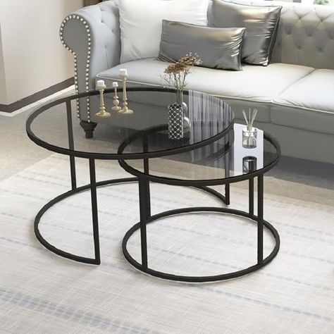 Amazon.com: DEKOPRATIK - Tokyo Coffee Table Round Smoked Glass Set of 2-31.5 Inch - Modern Center Living Room Table Set for Sala, Easy Assembly, Black Metal Frame, Mesas de Centro para Sala : Home & Kitchen Round Black Coffee Table, Round Living Room Table, Living Room Table Set, Dark Wood Coffee Table, Black Glass Coffee Table, Living Room Addition, Coffee Table Metal Frame, Round Center Table, Round Coffee Table Sets