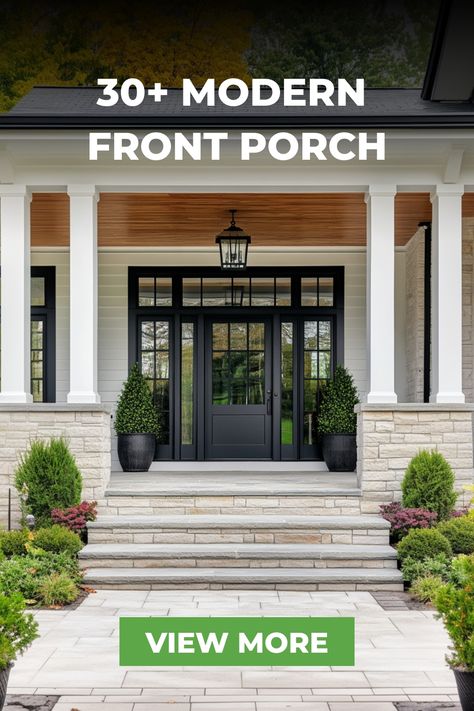 A grand front porch with modern columns and an open design, featuring a wide stone pathway and lush greenery, creating a sophisticated and welcoming entrance.