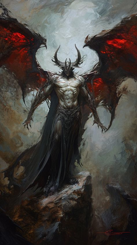 Winged Demon Art, Dnd Asmodeus, Dark Demon Art, Demon Man Art, Demonic Artwork, Fantasy Demon Art, Male Demon Character Design, Demon King Art, Demon Art Dark