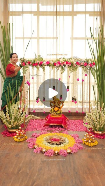 Swati Bora on Instagram: "✨Ganpati Bappa Moriya ✨ (for links send this reels over to my DM)

✨Tyauhaar Ki Tyaari ✨

Products: @furniblooms
Website: www.furniblooms.com

✨ Going grand this season, I’ve used @furniblooms grand Mandapam backdrop, which is immense and versatile, making Bappa’s arrival more unique and magical. 

✨ Colorful garlands are added for vibrant touch to Mandir setup, enhancing the visual appeal. Their unique patterns and hues create a magical atmosphere, drawing attention to the sacred elements.

✨ The presence of an urli creates a serene and inviting atmosphere, enhancing the spiritual ambiance and offering a focal point for devotion and reflection.

✨ Fresh flowers for Rangoli provide a vibrant and aromatic touch. The natural colors and textures of the petals create Latest Ganpati Decoration At Home, Best Ganpati Decoration At Home, Ganpati Decoration At Home Unique, Ganpati Backdrop, Atmosphere Drawing, Decoration Ganpati, Backdrop Frames, Flower Decoration For Ganpati, Home Decor India