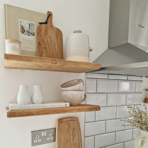 Shaker Kitchen Shelves, Kitchen End Shelves, Floating Shelves Kitchen Styling, White Kitchen Wooden Shelves, Kitchen Oak Shelves, Wood Shelf Unit, Kitchen Wall Shelves Decor, Wooden Kitchen Shelf Ideas, Wooden Kitchen Shelf