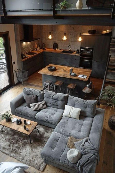 Loft Style Decor Ideas, Loft Style Living Room Interior Design, Small House Kitchen And Living Room, Small Interior House Design, Small House Design Interior, Small Industrial Apartment, Functional Apartment, Living Room Ideas Scandinavian, Moody Industrial