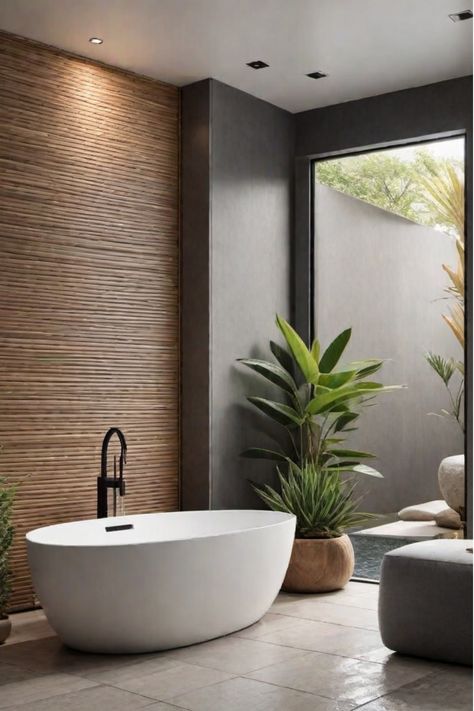 Natural elements in modern bathroom design with minimalist decor Spa Bathroom Tiles, Plant In Master Bath, Spa Neutral Bathroom, Natural Theme Bathroom, Brave New Eco Bathroom, Organic Natural Bathroom, Spa Like Primary Bathroom, Nature Inspired Bathrooms, Neutral Spa Bathroom