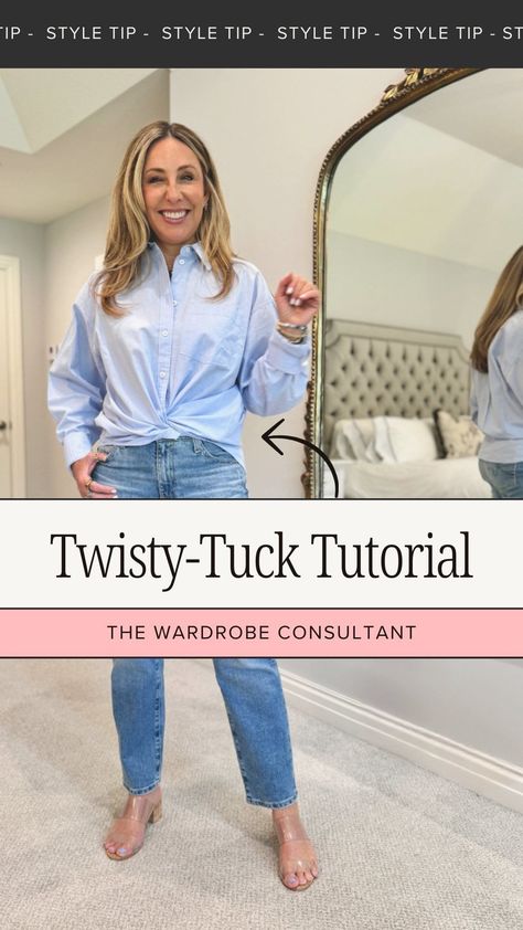 Hallie Abrams | 🔀 How to do the twisty tuck! There are so many ways to style an oversized shirt, but I think this is probably my favorite. It’s easy to do... | Instagram Twist Tuck Shirt, How To Tuck The Front Of Your Shirt In, How To Tuck In Shirt Without Bunching, How To Cross Tuck Button Down Shirt, Cross Tuck Button Down Shirt, How To Fix Shirts That Are Too Big, Tucking In Oversized Button Up Shirt, Different Ways To Tuck A Button Up Shirt, Button Shirt Tucking Hacks